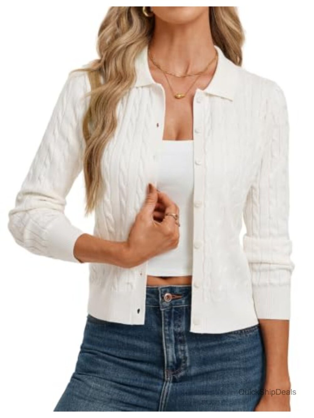 Cable Knit Cardigan for Women Button-Up Lapel Collar Long Sleeve Sweater